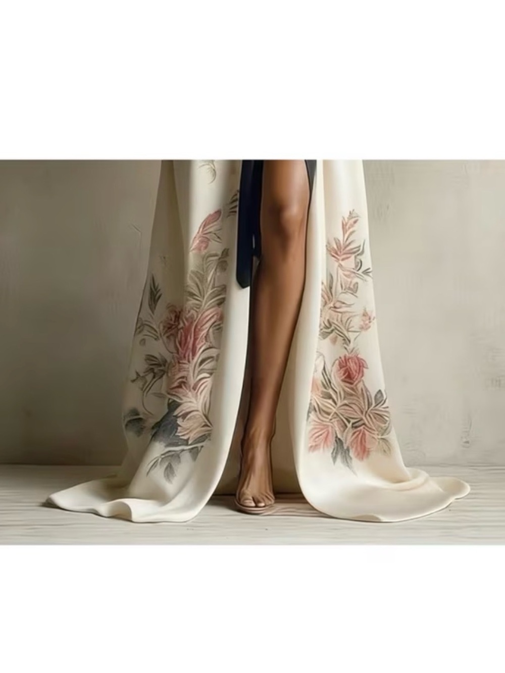 Elegant Floral Cream Kimono Robe with Black Trim - Picture 3 of 8